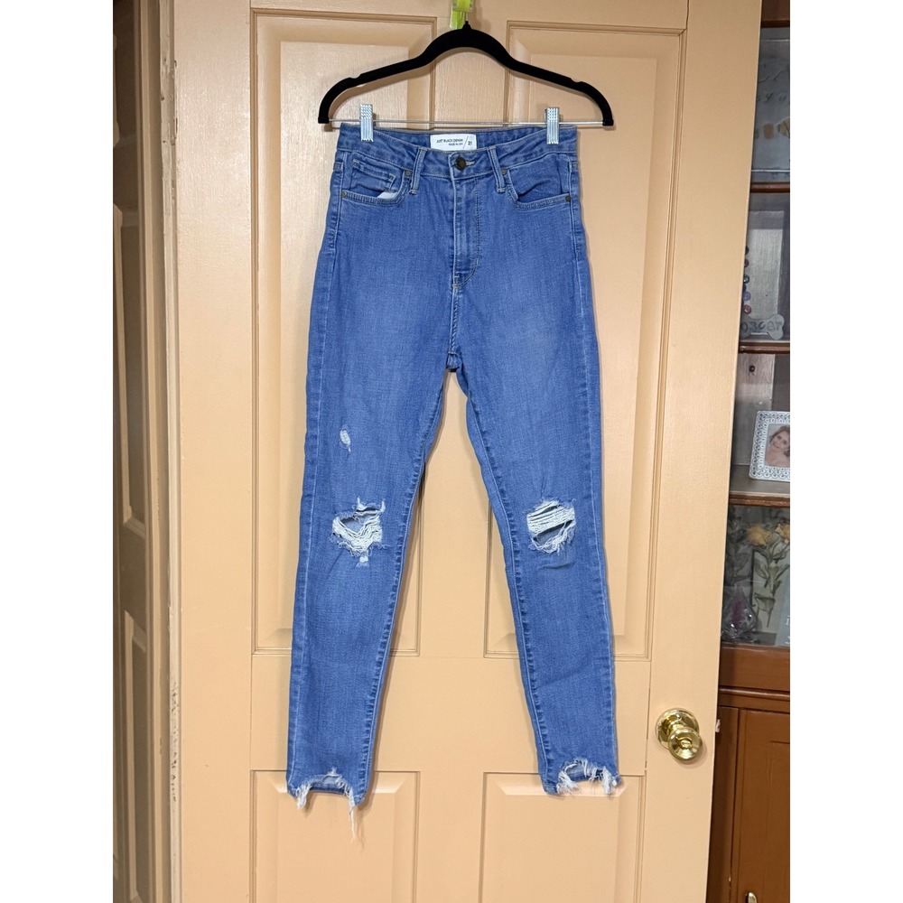 Just Black Denim High Rise Skinny Jeans Distressed Knee Raw Hem Medium Wash‎ 27